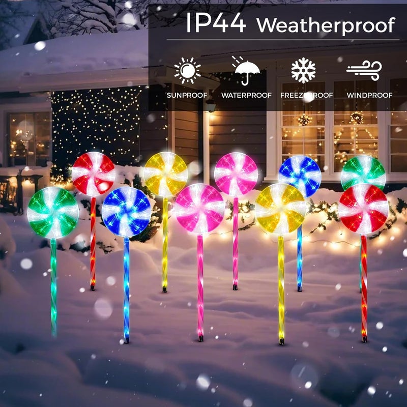 ILLUMINEW Outdoor Christmas Decorations Solar Pathway Lights, Set of 10 Lollipops Peppermint Stake Lights, 8 Modes Candy Cane Walkside Lights, Outdoor Xmas Decoration for Walkway,Yard (10PCS-Multi) - Image 5